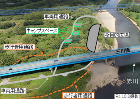 河川敷に整備する親水護岸の多目的広場と、キャンプスペースの配置イメージ図＝酒田河川国道事務所提供