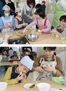 炊きたての雪若丸で弁慶飯作りを楽しむ子どもたち（上）自分で握って焼いた弁慶飯は、とてもおいしかった