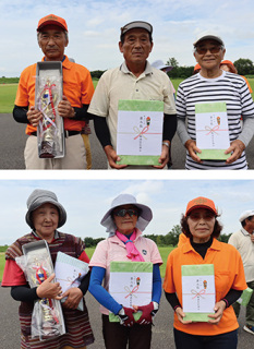 男子の部左から優勝した亀田さん、準優勝の菅原さん、3位の斎藤さん（上）女子の部左から優勝した佐藤さん、準優勝の菅原さん、3位の相馬さん