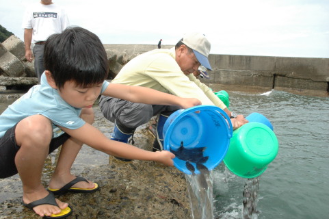 鶴岡小型船舶安全協会の会員と家族がヒラメの稚魚を放流した