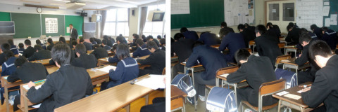 試験開始のチャイムと同時に受験生たちが解答用紙に向かった＝鶴岡東高（左）　静まり返った教室内には鉛筆を走らせる音だけが響いた＝酒田南高
