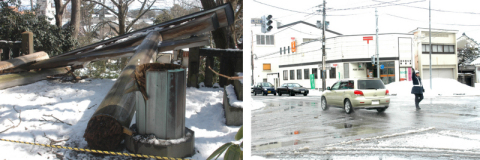 地震の影響で倒壊した酒田市日吉町一丁目の光丘神社の鳥居＝12日午前（左）　管内全域の信号が停電したため、酒田署員が手信号で対応に当たった＝11日午後4時ごろ