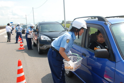 鶴岡署員ら約35人が国道7号上で大検問を実施。ドライバーに安全運転を呼び掛けた