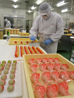 かわいらしい雛菓子作りが行われている＝20日、鶴岡市の木村屋・ファクトリーガーデン