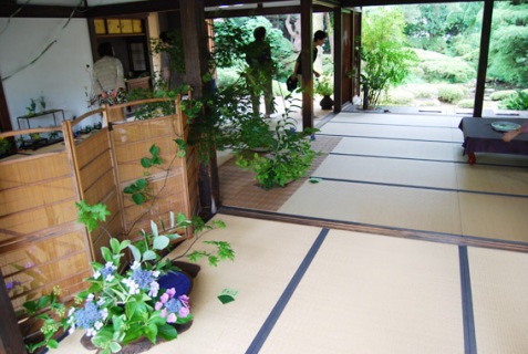 開け放した居間に自然の美を生かした生け花作品を展示。縁側から見える庭園ともマッチ