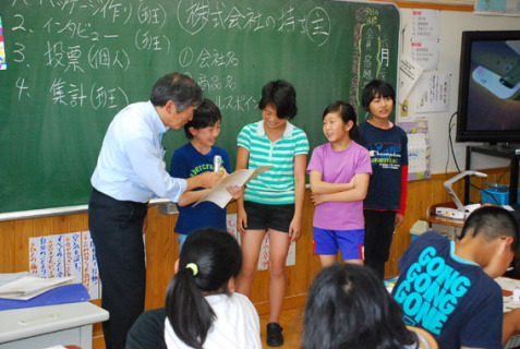 自分たちで考えたお菓子のアイデアを発表し、出資を呼び掛ける子供たち