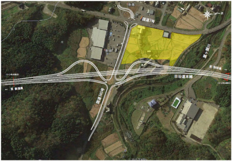 基本計画素案で示された鼠ケ関ＩＣ周辺の「道の駅」施設整備エリア（黄色部分）