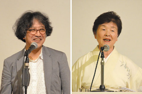 六月の会の戸村さんが記念講話した（右）スピーチする茨木さんのおいで医師の宮崎治さん