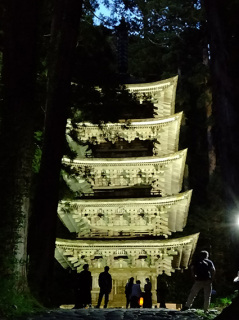 国宝・羽黒山五重塔のライトアップが始まり、各地から多くの参拝者が訪れている＝16日