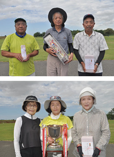 男子1位の粕谷さん（中央）と2位の高橋さん（左）と3位の佐藤さん（上写真）女子1位で総合優勝の菅原さん（中央）と女子2位の佐藤さん（左）と3位の志藤さん