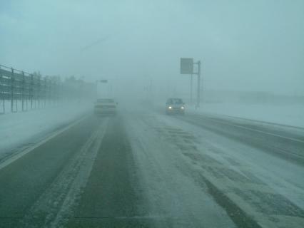 幹線道路では地吹雪も発生、車はライトを点灯させながら走った＝12日午前11時半ごろ、鶴岡市常盤木の国道112号