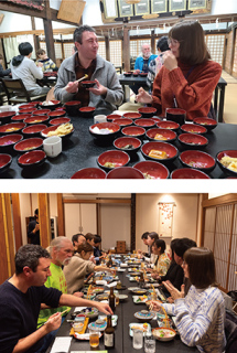 モニターツアーでは羽黒山・斎館で精進料理（上）、湯田川温泉の旅館で在来作物など旬の素材を使った郷土料理が提供された＝昨年11月15―17日