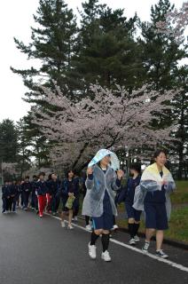 小雨がぱらつく中でもゴールを目指し、元気に歩みを進める生徒たち