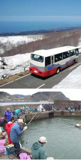 （上）鳥海ブルーラインが開通。残雪の景色と日本海の雄大なパノラマが広がった＝太平山荘付近（下）太公望たちがさおを並べ、次々と魚を釣り上げた