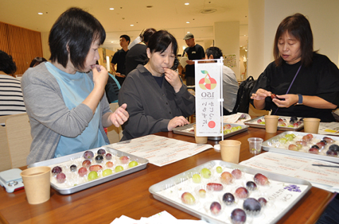 宝石のように輝く櫛引産ブドウを参加者たちが食べ比べた