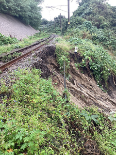 大雨の影響で、線路や枕木を支える砕石が流出した羽越本線の現場＝22日、新潟県村上市（ＪＲ東日本新潟支社提供）