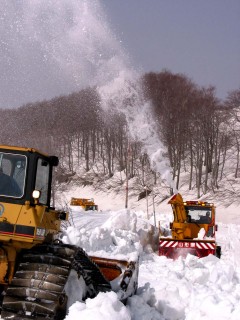 寄せ集めた雪を吹き飛ばすロータリー除雪車