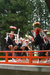 杉木立に囲まれた雷電神社八講楽殿で、氏子たちが「花笠舞」を上演