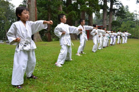 朝日が差し込む中、突きなどの練習に汗を流す門下生たち