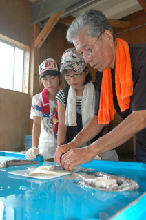 石塚工場長（右）から手ほどきを受け、イカの一夜干し作りに挑戦