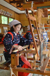 かすりの着物姿でしな織を実演するしな織姫たち