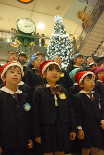 点灯したツリーの下でマリア幼稚園の園児たちがクリスマスソングを披露した