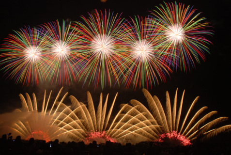 夏の夜空に大輪の花火が開き、大勢の観客を魅了した